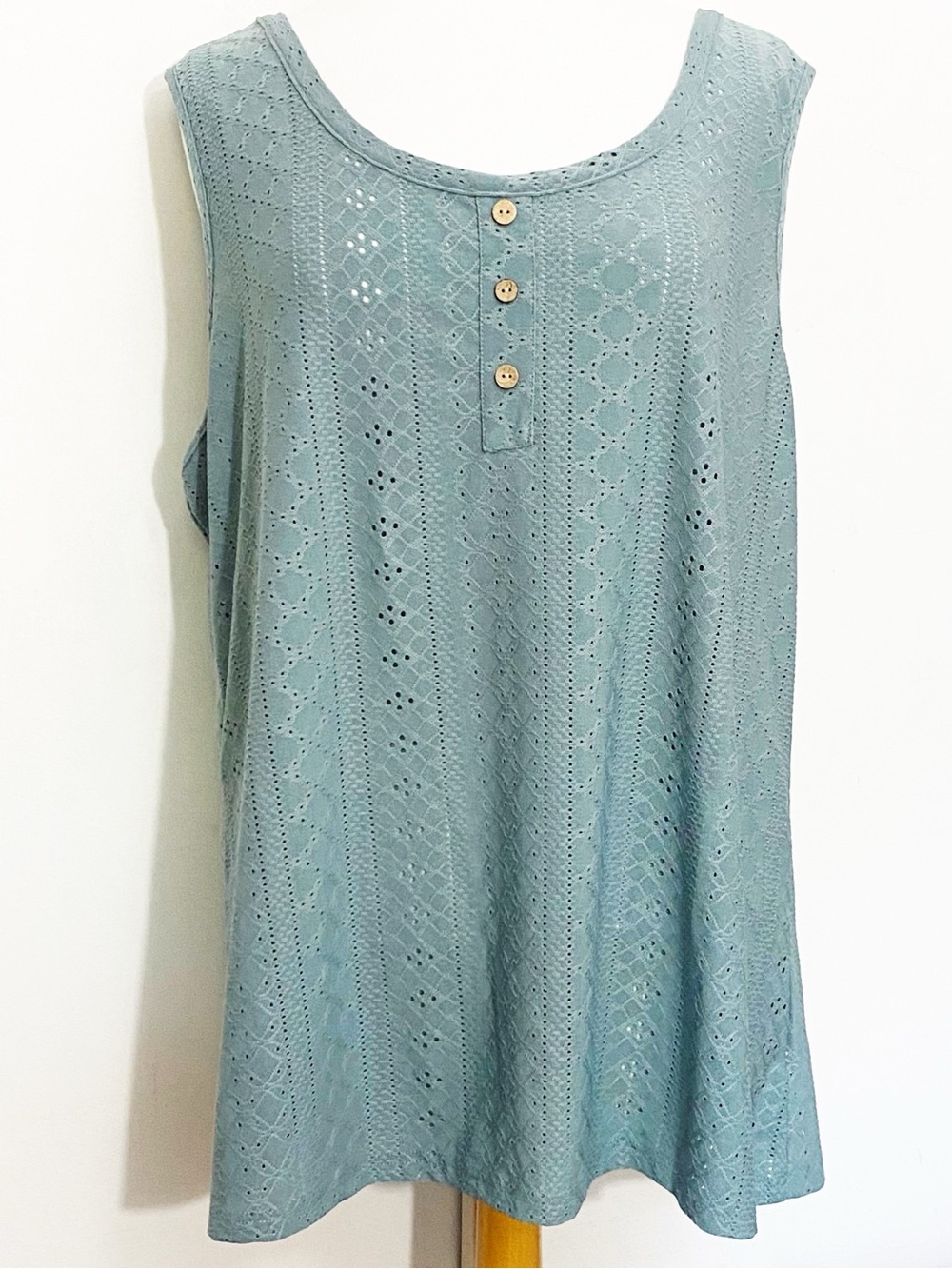 Sleeveless Eyelet Lace Three Button Henley Tank Top in Dusty Sage 4X
